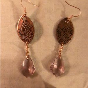 Copper etched earrings with purple crystals